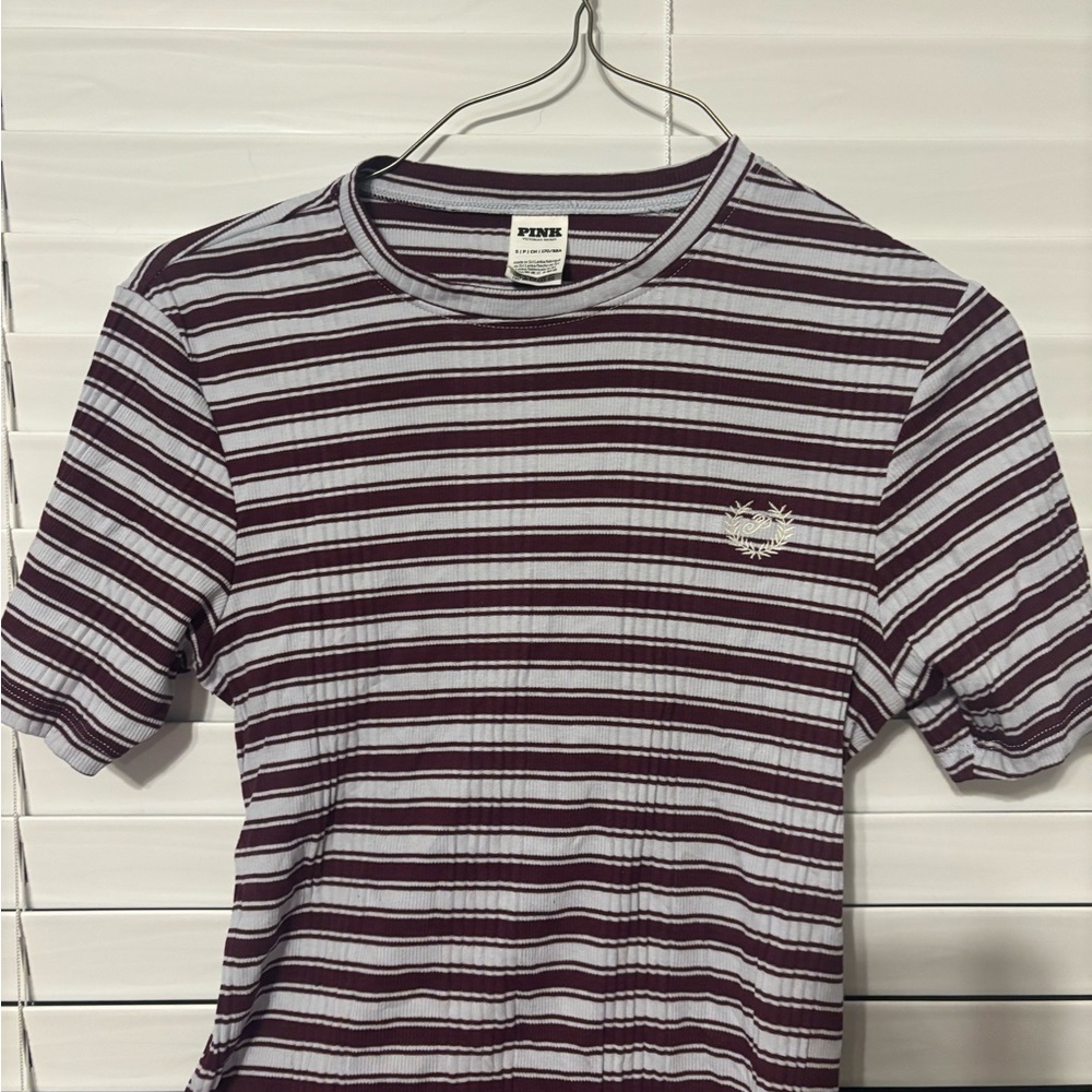 PINK Victoria's Secret Maroon and White Striped Tee